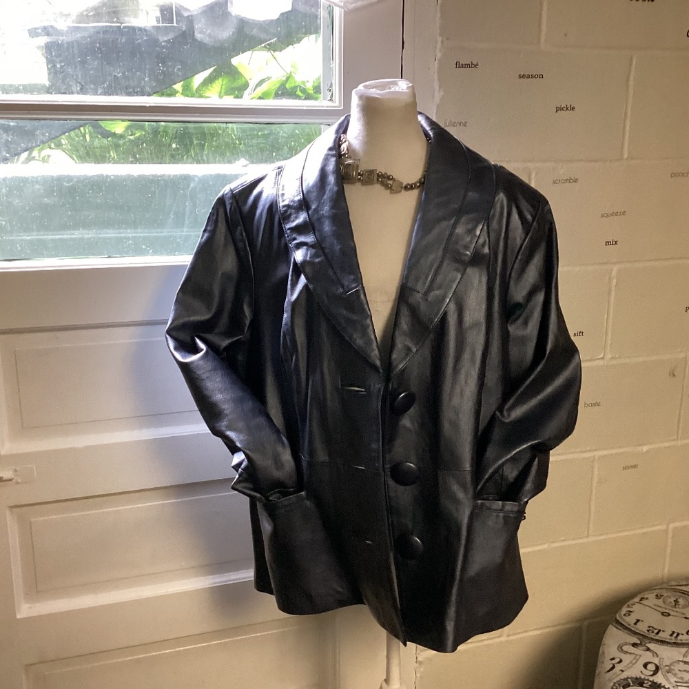Black Leather Button-Front Women's Jacket